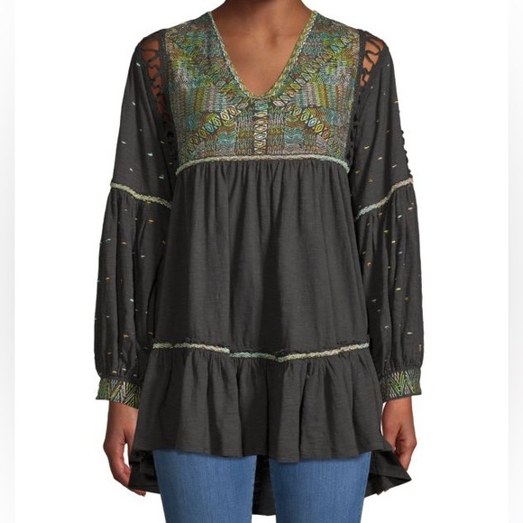 Free People Tops - FREE PEOPLE MUCH LOVE EMBROIDERED COTTON TUNIC TOP